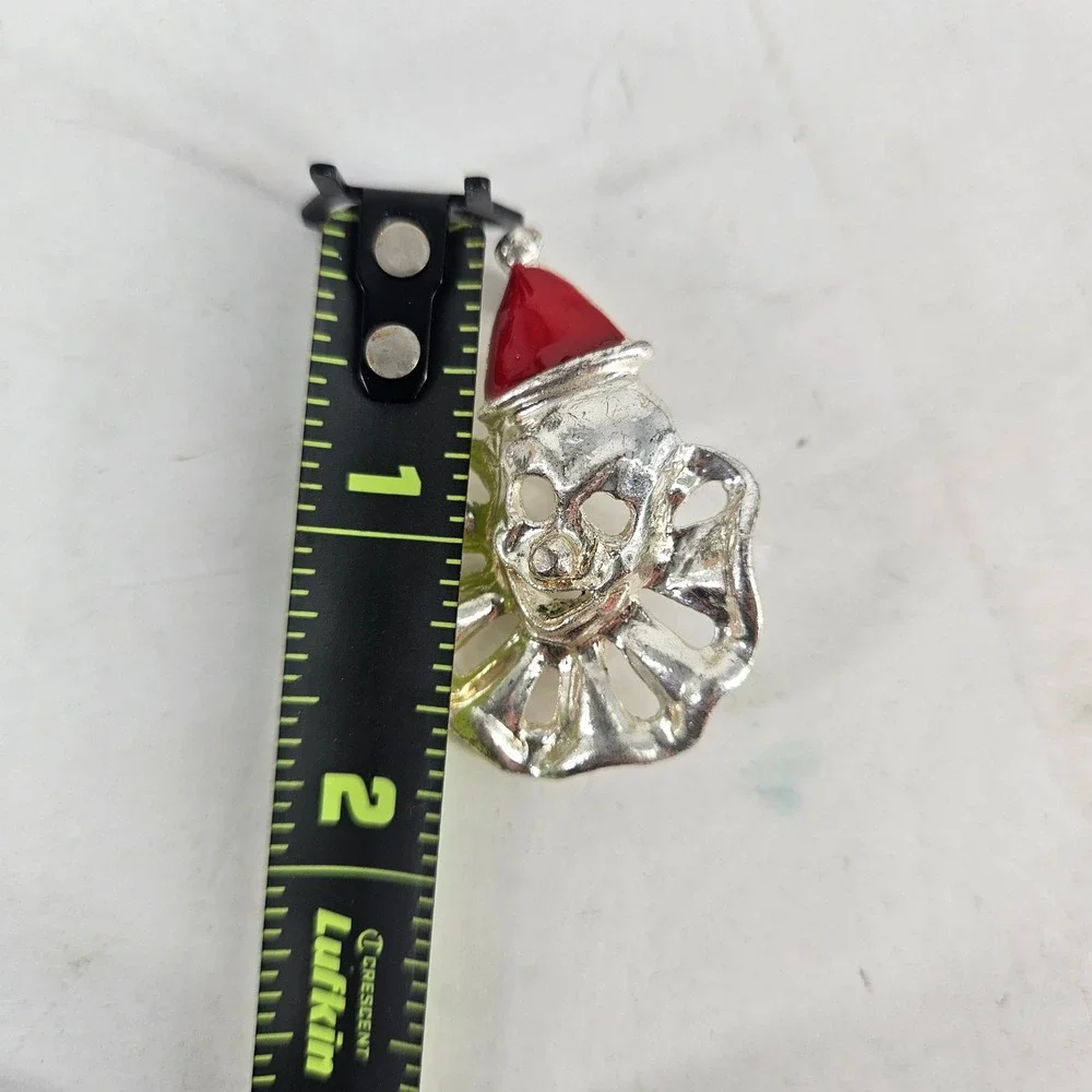 Vintage Silver Tone Clown Brooch Red Enamel Hat Pierrot Pin Novelty Jewelry 1.5